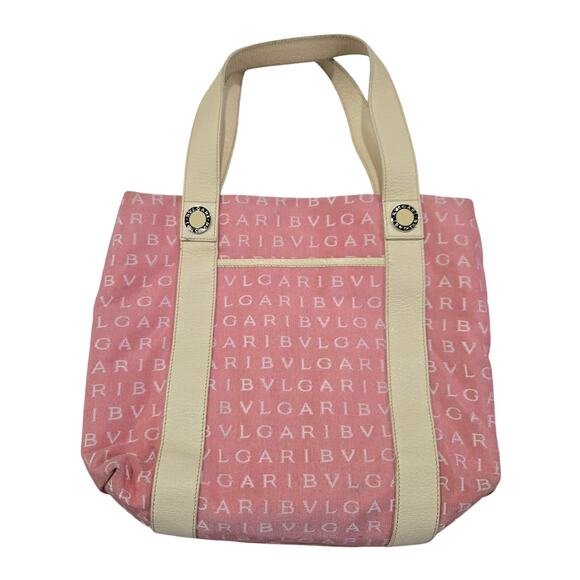 BVLGARI Maerea Logo Mania Canvas Leather Mini Tote Bag Purse Pink Cream Preppy - Picture 7 of 11